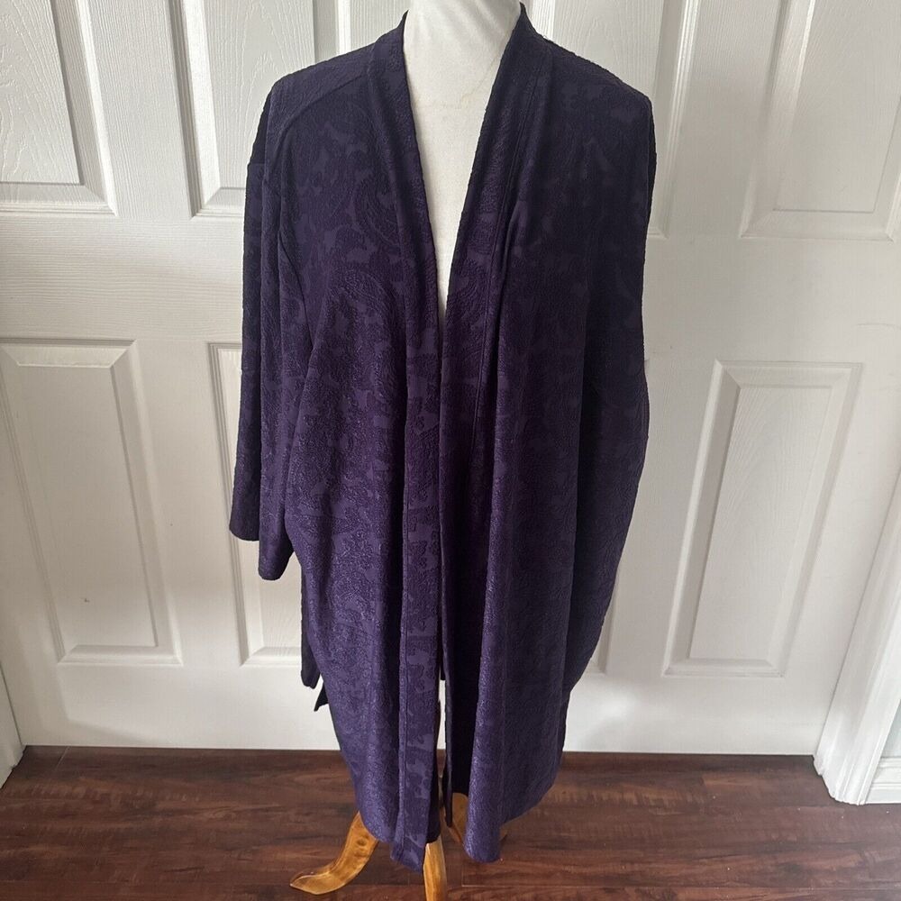 Catherines AnyWear Long Cardigan Womens 5X 34/36W Purple Velvet Burnout Paisley